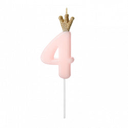 Pastel pink number 4 birthday cake candle with glitter gold crown on top on a plastic pick for cakes, cupcakes and more!