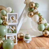 eucalyptus sage green, chrome gold and sand white balloons