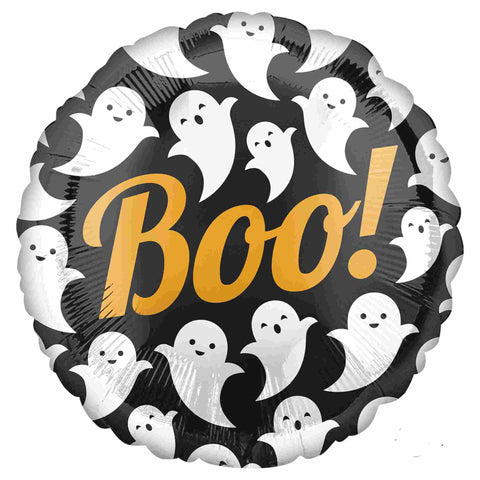 Halloween balloon in black with white ghosts and orange Boo!