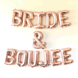 bride and boujee letter balloons in rose gold
