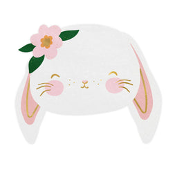 Bunny rabbit paper napkins in white with pink and metallic gold ears, blush cheeks and a pretty flower accent