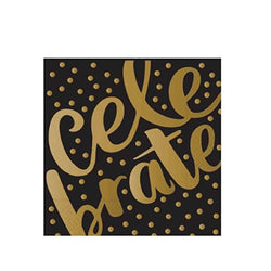 celebrate beverage napkins in gold and black with foil polka dots