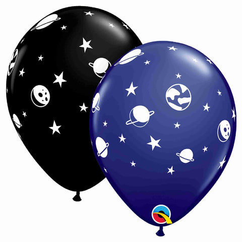 celestial outer space latex balloons in bkack and blue with white star and planet print