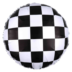 Round foil balloon with black and white  checker board print