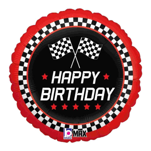 Checkered Race Flag Balloon in Red, Black and White with Happy Birthday Message