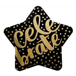 Celebrate black and gold star paper plates with polka dots