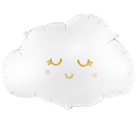 white cloud balloon with gold and blush pink smiley face, cheeks and lashes