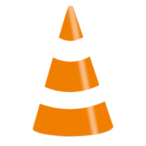 Construction birthday paper party hats in orange and white with adjustable elastic chin strap