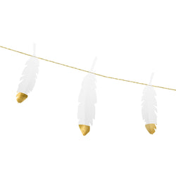 white paper garland with gold foil tips and gold  strings