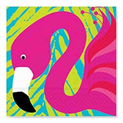 Small beverage napkins with bright pink flamingo print and blue and green neon background