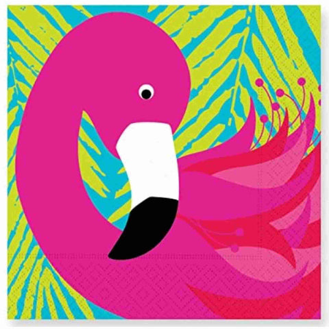 Large Luncheon napkins with bright pink flamingo print and blue and green neon background