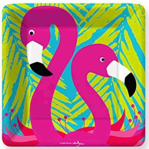 Small party dessert plates with bright pink flamingo print and blue and green neon background