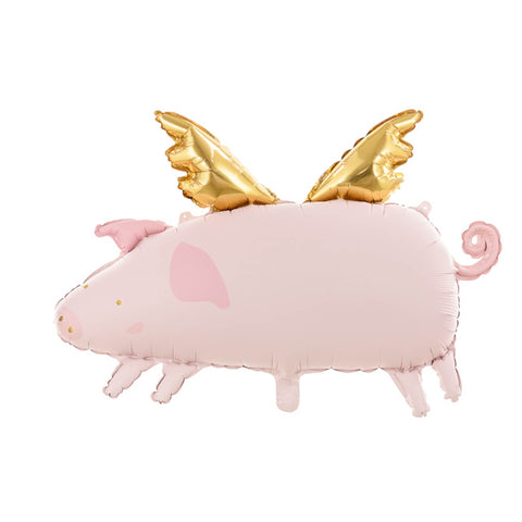 Flying Pink Pig Balloons with Gold Wings and Smile