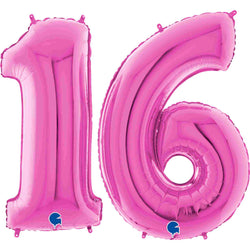 Fuchsia Pink Number 16 Balloons | 3 Sizes