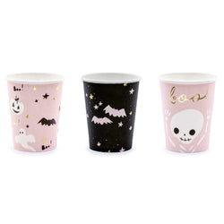 Black and Pink paper halloween cups with bats, skeleton, jacolanteern, boo!