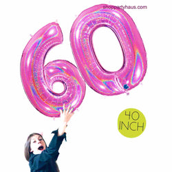 40 Inch Large Number 60 Balloons in glitter hot fuchsia pink.