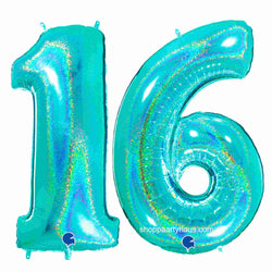 Glitter teal number 16 balloons