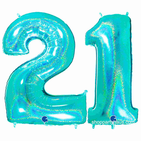 Number 21 balloons in glitter holographic teal