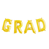 Grad letter balloons shown in gold