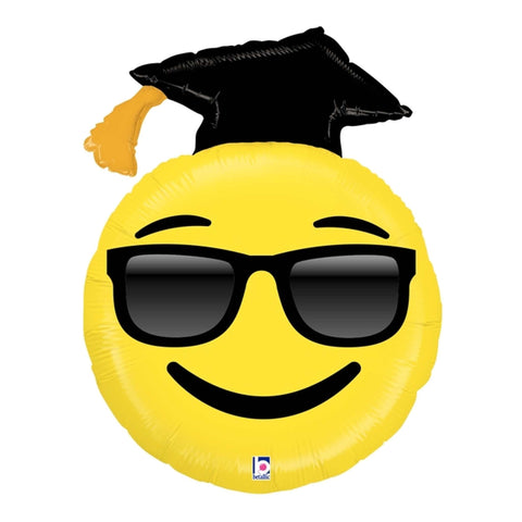 Graduation emoji balloon witth a black grad cap, sunglasses and smile