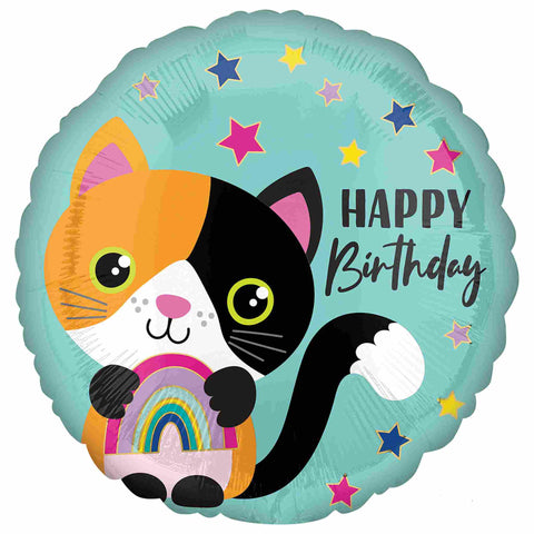 calico cat balloon holding rainbow and happy birthday message