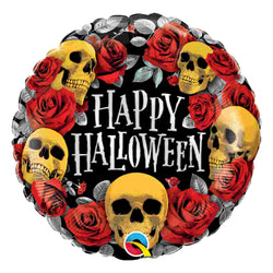 Gold skull and red roses balloon with happy halloween message