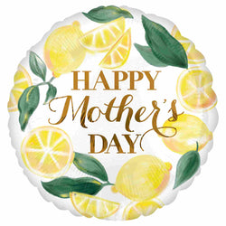 18 Inch round balloon with yellow lemons, green leaves and gold 'Happy Mother's Day" Print