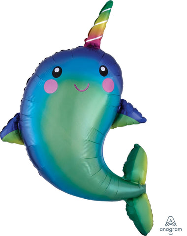 39 Inch narwhal balloon in blues and greens with happy face