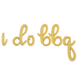 "I do bbq" balloon banner made from cursive script font letter balloons shown in gold