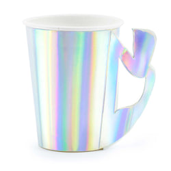 Mermaid party paper cups in iridescent color with a mermaid tail handle