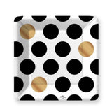 Kenzie paper party dessert plates in black and gold polka dots