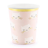 7 oz blush pink kitty cat paper cups with white black and gold cat print and gold metallic trim