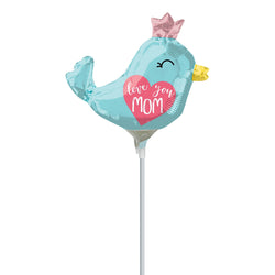 Love You Mom Balloon for Mothers Day or Birthdays, sweet blue bird with pink crown, gold beak and red heart.  Perfect balloon centerpiece for bouquet or flowers