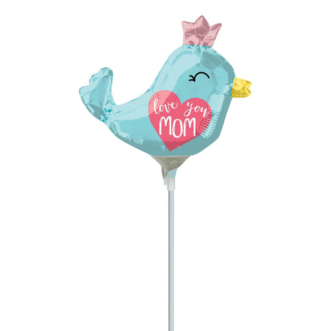 Love You Mom Balloon for Mothers Day or Birthdays, sweet blue bird with pink crown, gold beak and red heart.  Perfect balloon centerpiece for bouquet or flowers