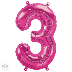 Number 3 balloons shown in magenta pink in 34 inch tall size