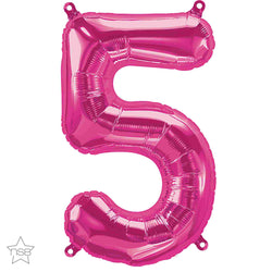 Number 5 balloons shown in magenta pink in 34 inch tall size