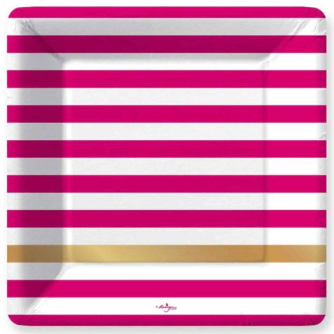 Magenta pink and gold foil striped paper party plate