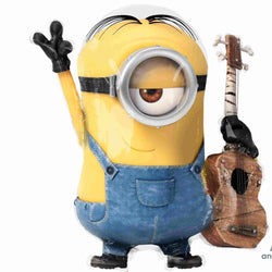 Minion Balloons - Stuart with Guitar - 28 IN- Standing with Arm in the air with a rock- on sign with his 2 fingers!  Cute!