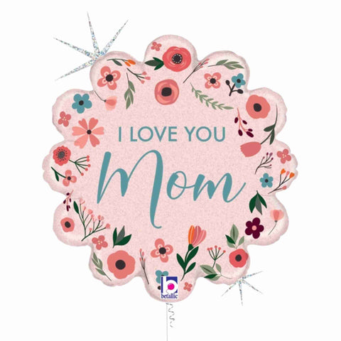 18 Inch Pretty Retro Mint and Blush Floral Glitter Balloons with "I Love You Mom"  messsage