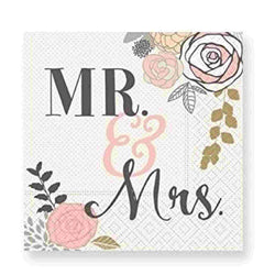 Small 5 inch beverage Mr and Mrs Floral Napkins in white with blush, pink, gold, grey and black floral design.