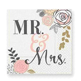 Small 5 inch beverage Mr and Mrs Floral Napkins in white with blush, pink, gold, grey and black floral design.