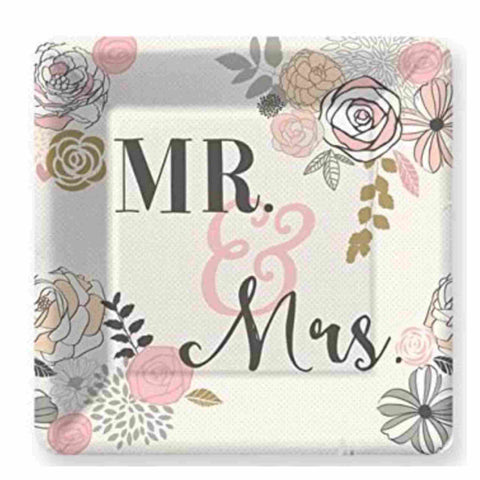 Mr & mrs paper dessert plates in gold, black, grey, and blush pink