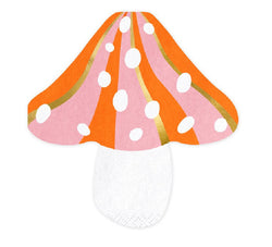 Mushroom paper party napkins in pink, white and orange with gold foil stripes