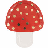 Mushroom paper party plates in red decorated with metallic gold foil polka dots white stem