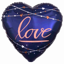 Navy heart shaped balloon with rose gold hearts and Love print