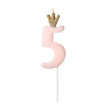 Pastel pink number 5 candle with glitter gold crown on top on a plastic pick for cakes, cupcakes and more!