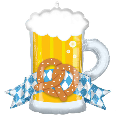 oktoberfest beer mug balloon with traditional blue and white plaid decoration and pretzel