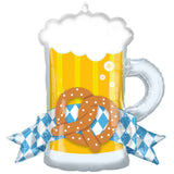 oktoberfest beer mug balloon with traditional blue and white plaid decoration and pretzel