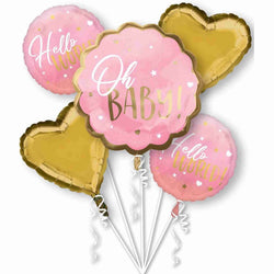 Oh baby balloon bouquet kit in pink and gold with hello world and oh baby print