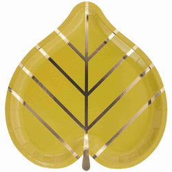 Leaf paper party plates in sage olive green decorated with metallic gold accents